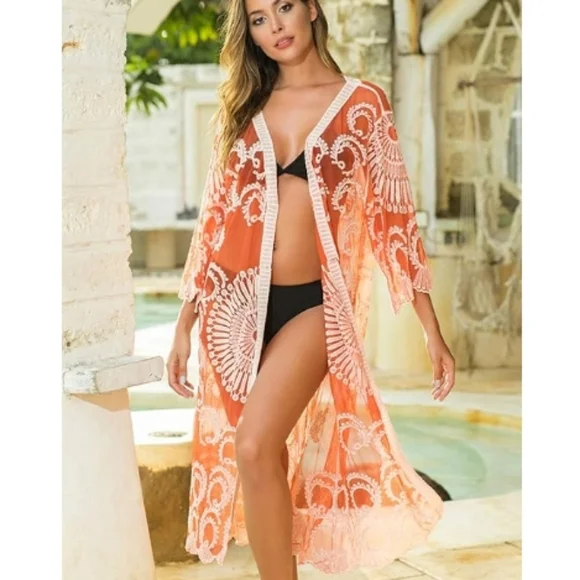 Long Flowy Lace Kimono Cardigan Boho Style Open Cover Ups Orange - Picture 2 of 6